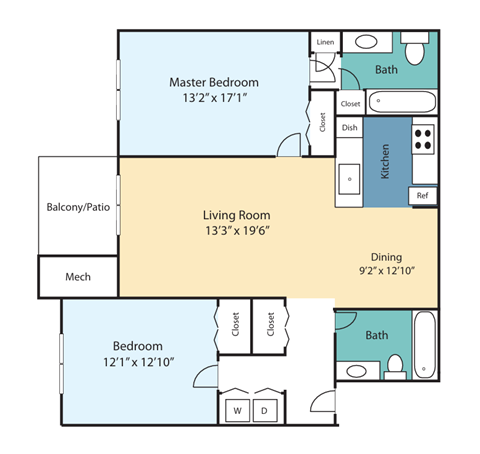 Floor plan for 2 beds, 2 baths, 1182 sqft